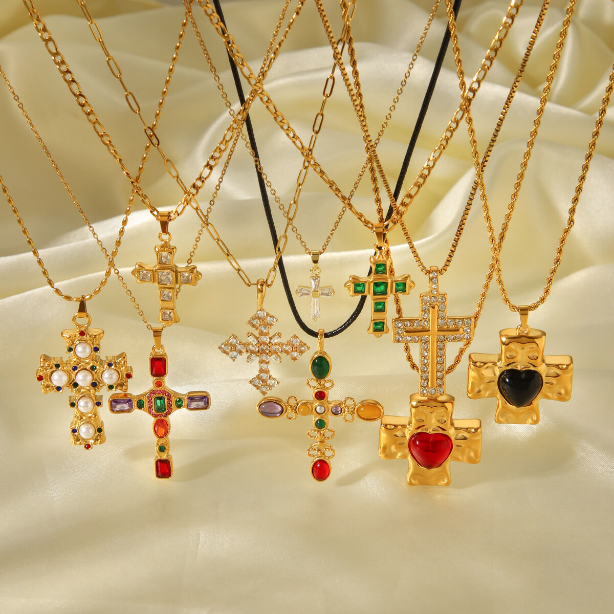 1 Piece Cross Stainless Steel Waterproof Gold Color Zircon Pendant Necklace Picture5