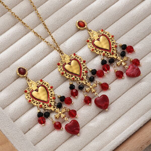 Retro Heart Stainless Steel Waterproof Gold Color Crystal Tassel Natural Stone Necklace Set h5 Picture3