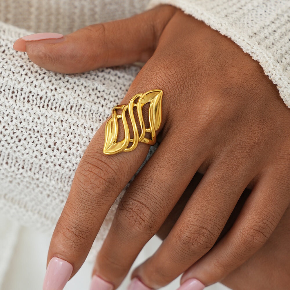 1 pezzo semplice retrò forma irregolare in acciaio inossidabile impermeabile color oro anelli da donna h5Immagine4