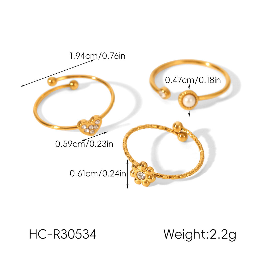 Set aus wasserfesten, goldfarbenen Ringen mit Blumenherz-Motiv aus Edelstahl und Zirkonia h5Bild2