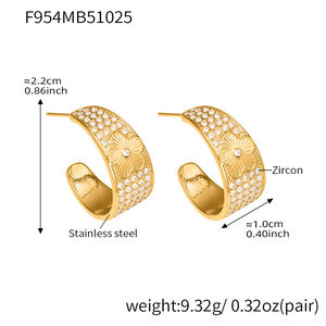 1 Pair Shining Flower Stainless Steel Waterproof Gold Color Zircon Women's Hoop Earrings h5