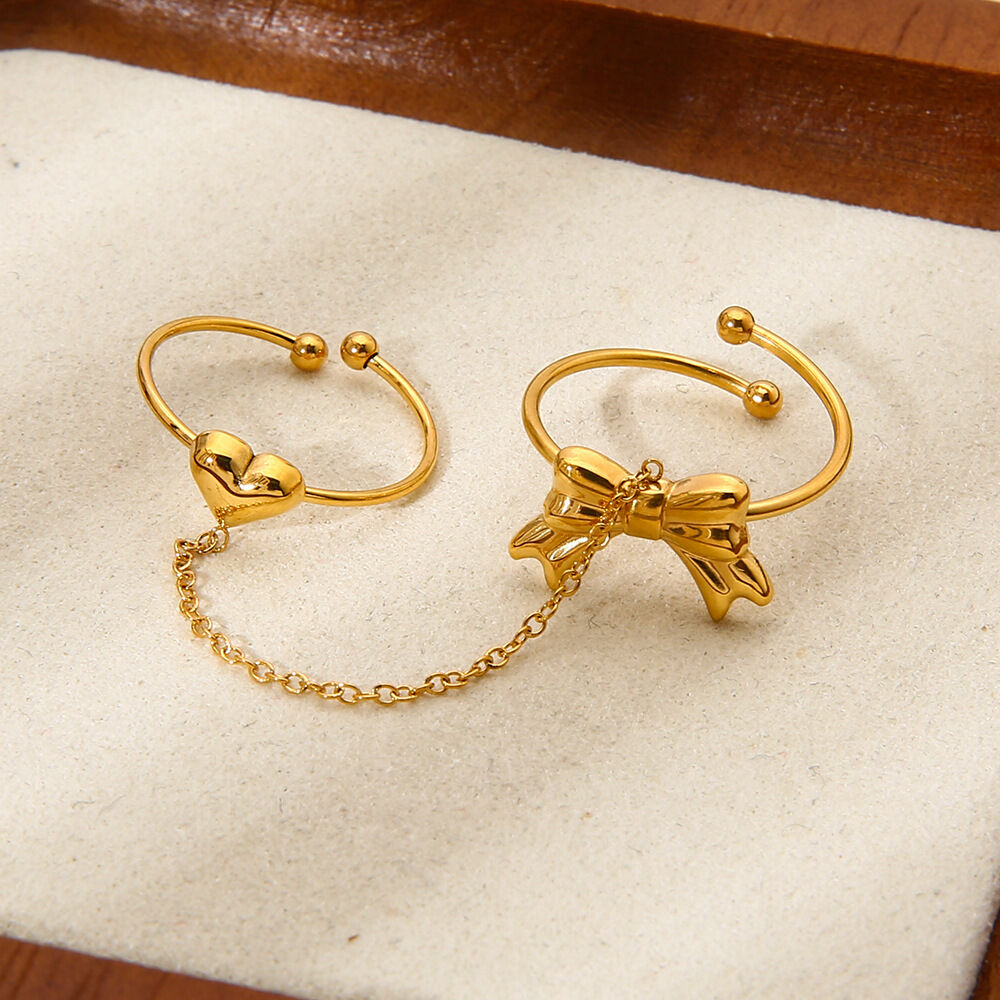 1 Set Romantic  Sweet Heart Bow Knot Chain Stainless Steel Waterproof Women‘s  Statement Rings h5 Picture4
