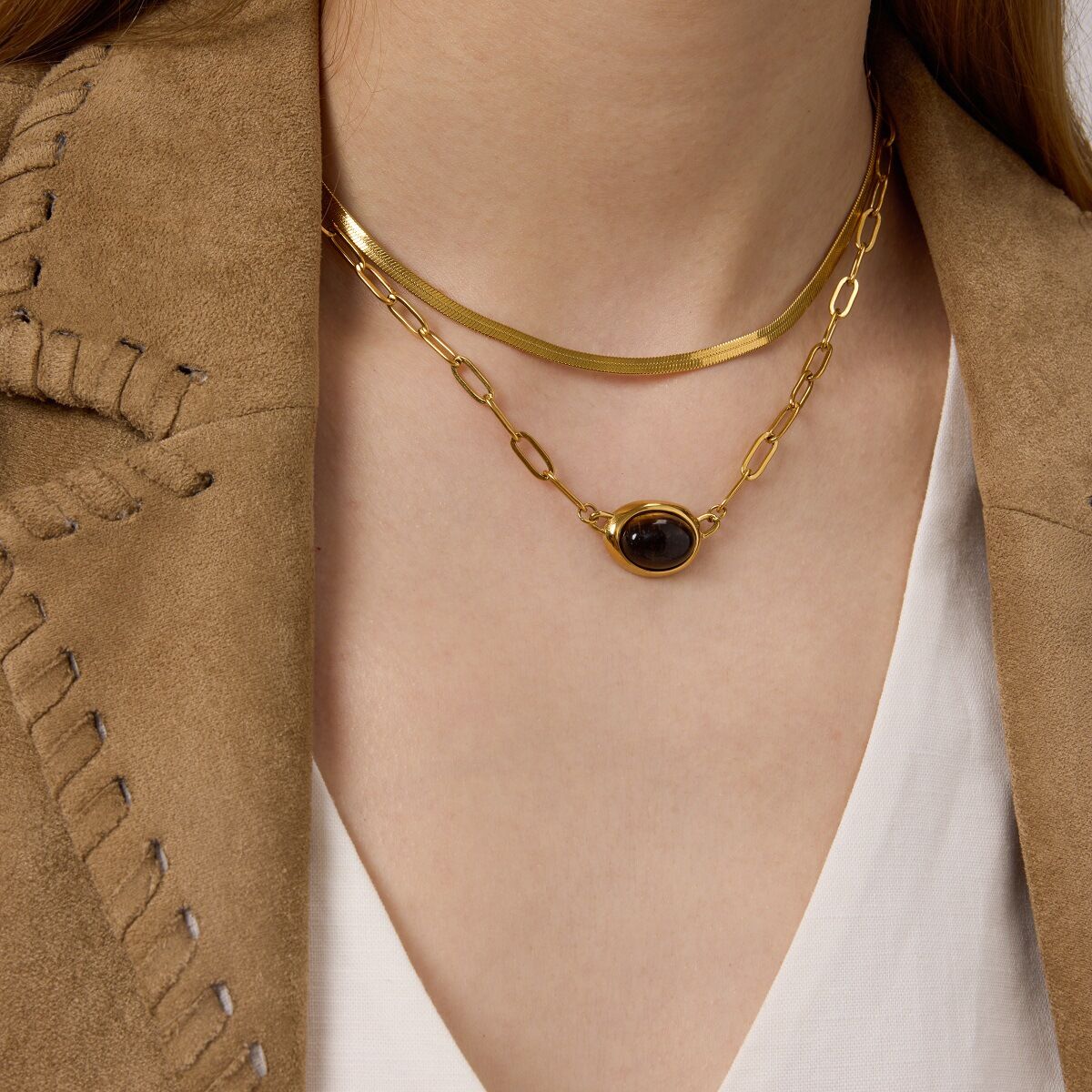 1 Piece Retro Oval Natural Stone Stainless Steel Waterproof Gold Color Women's Pendant Necklaces