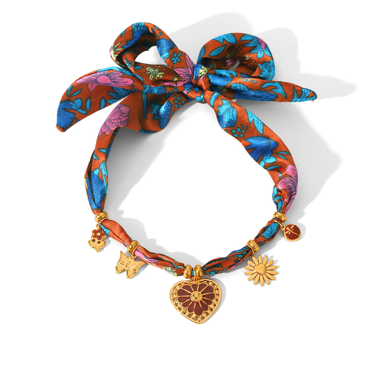 Enamel Heart Gold Color Fabric Necklace Set 