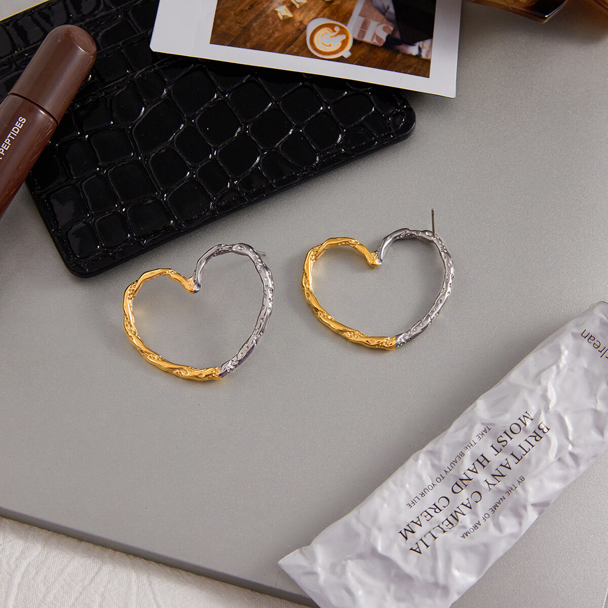 1 Pair Gold&Silver Colors Heart Stainless Steel Waterproof Women's Stud Earrings h5 Picture5