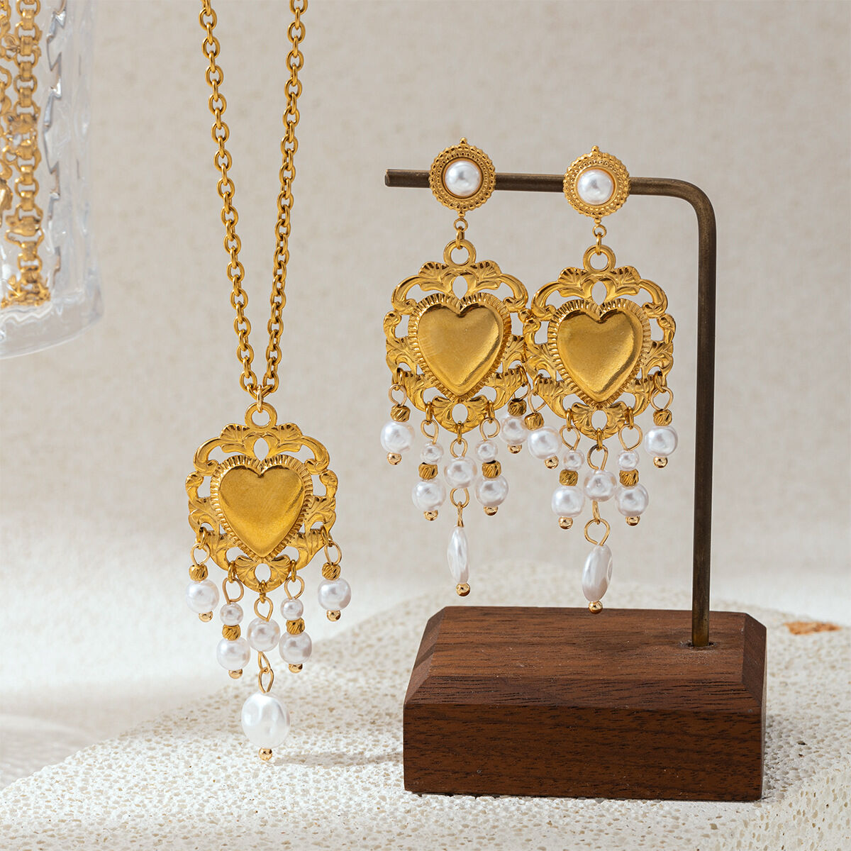 Heart Stainless Steel Waterproof Gold Color Tassel Pearl Necklaces Set