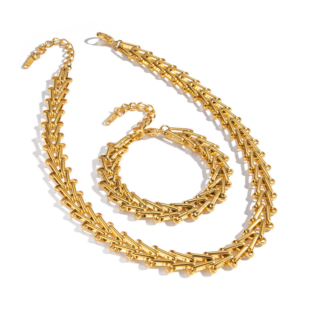 Casual Chain Stainless Steel Waterproof Gold Color Necklace Set Picture5