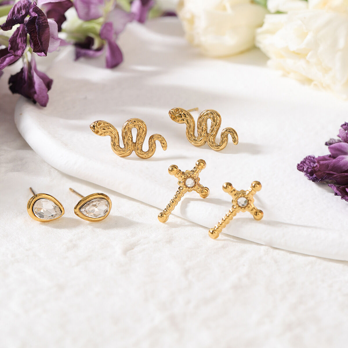 1 Set Luxurious Series Snake Stainless Steel Waterproof Gold Color Women's Earring Sets h5 Picture6