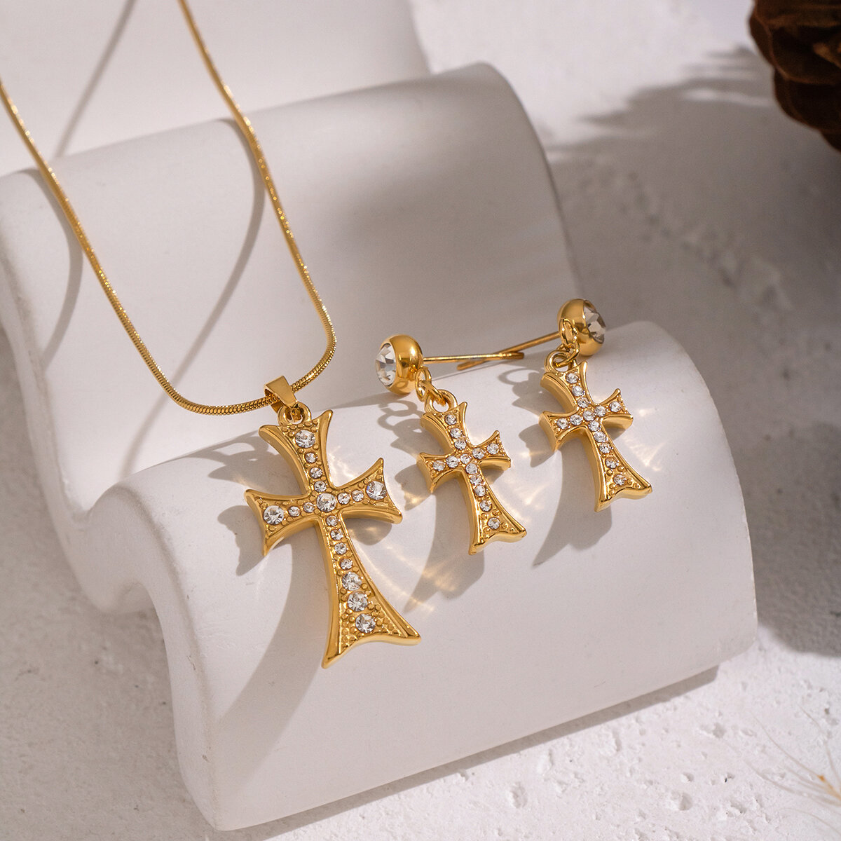 Cross Shape Stainless Steel Waterproof Gold Color Zircon Necklace Set 2