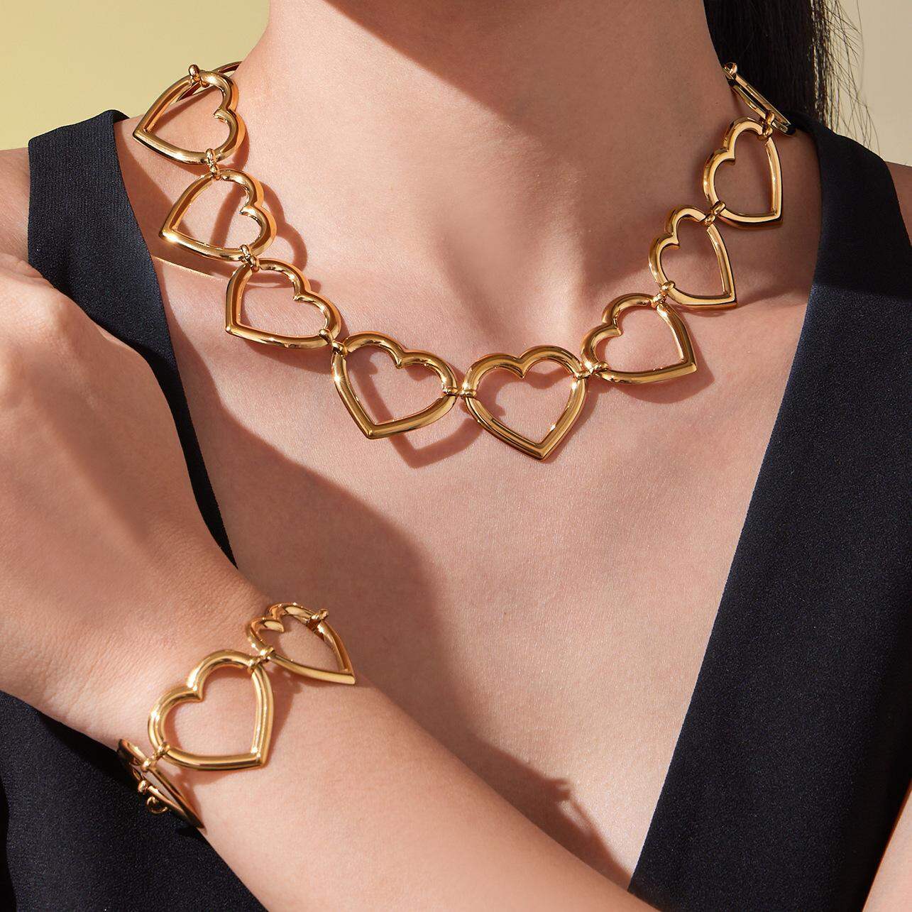 Modern Heart Chain Stainless Steel Waterproof Gold Color Women's Jewelry Sets