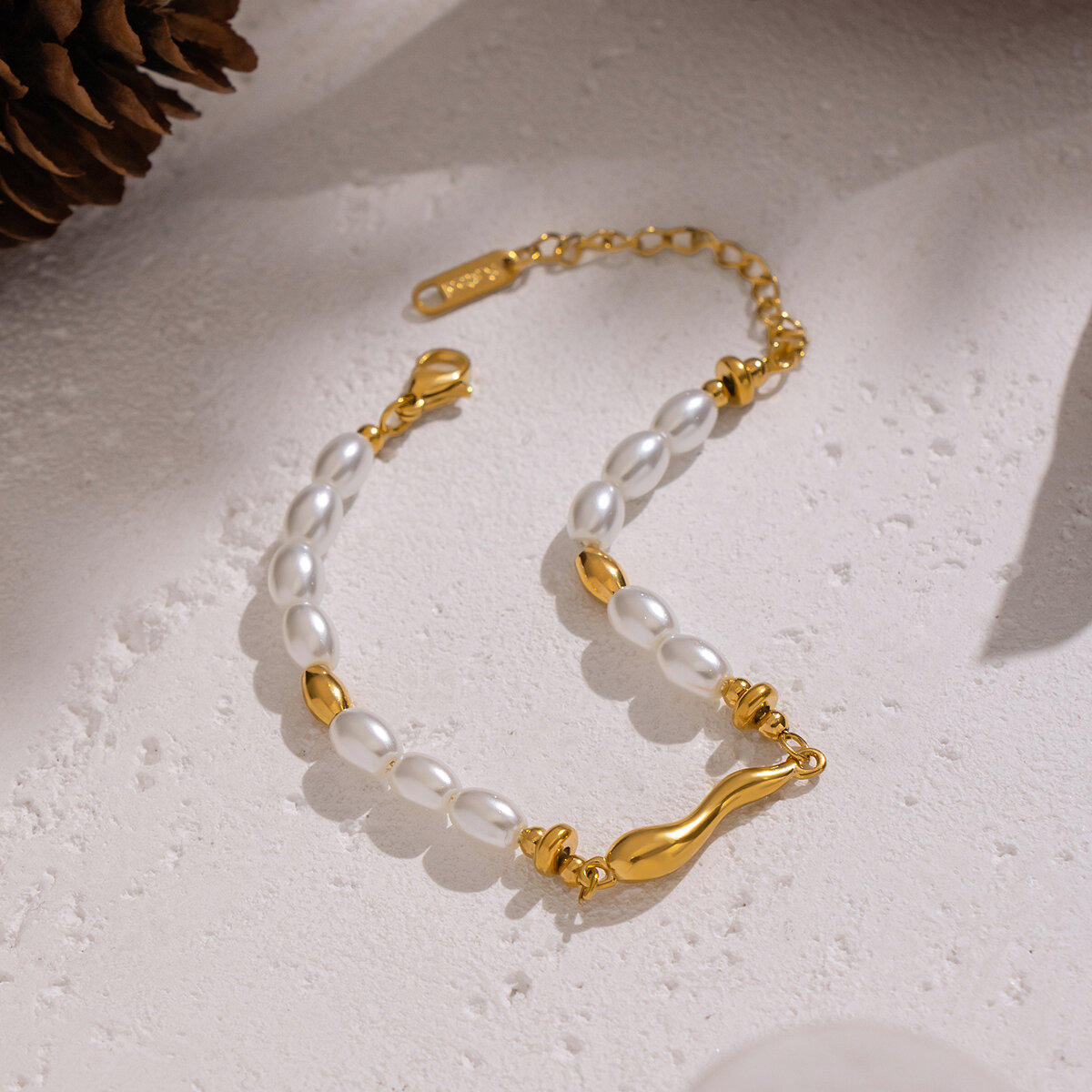 1 Piece Pearl Beads Stainless Steel Waterproof Gold Color Beaded Bracelet 2