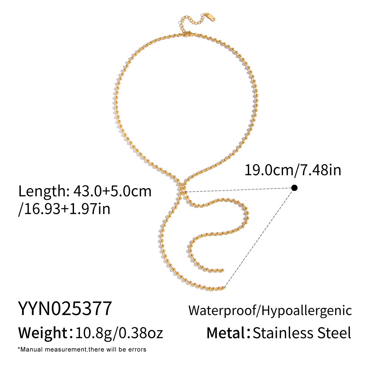 1 Piece Y-shape Beads Chain Stainless Steel Waterproof Gold Color Chain Necklace 