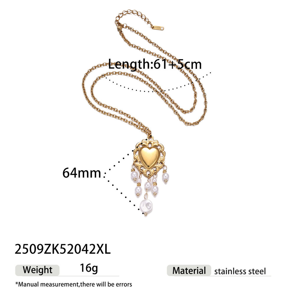 Heart Stainless Steel Waterproof Gold Color Tassel Pearl Necklaces Set