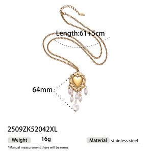 Heart Stainless Steel Waterproof Gold Color Tassel Pearl Necklaces Set h5