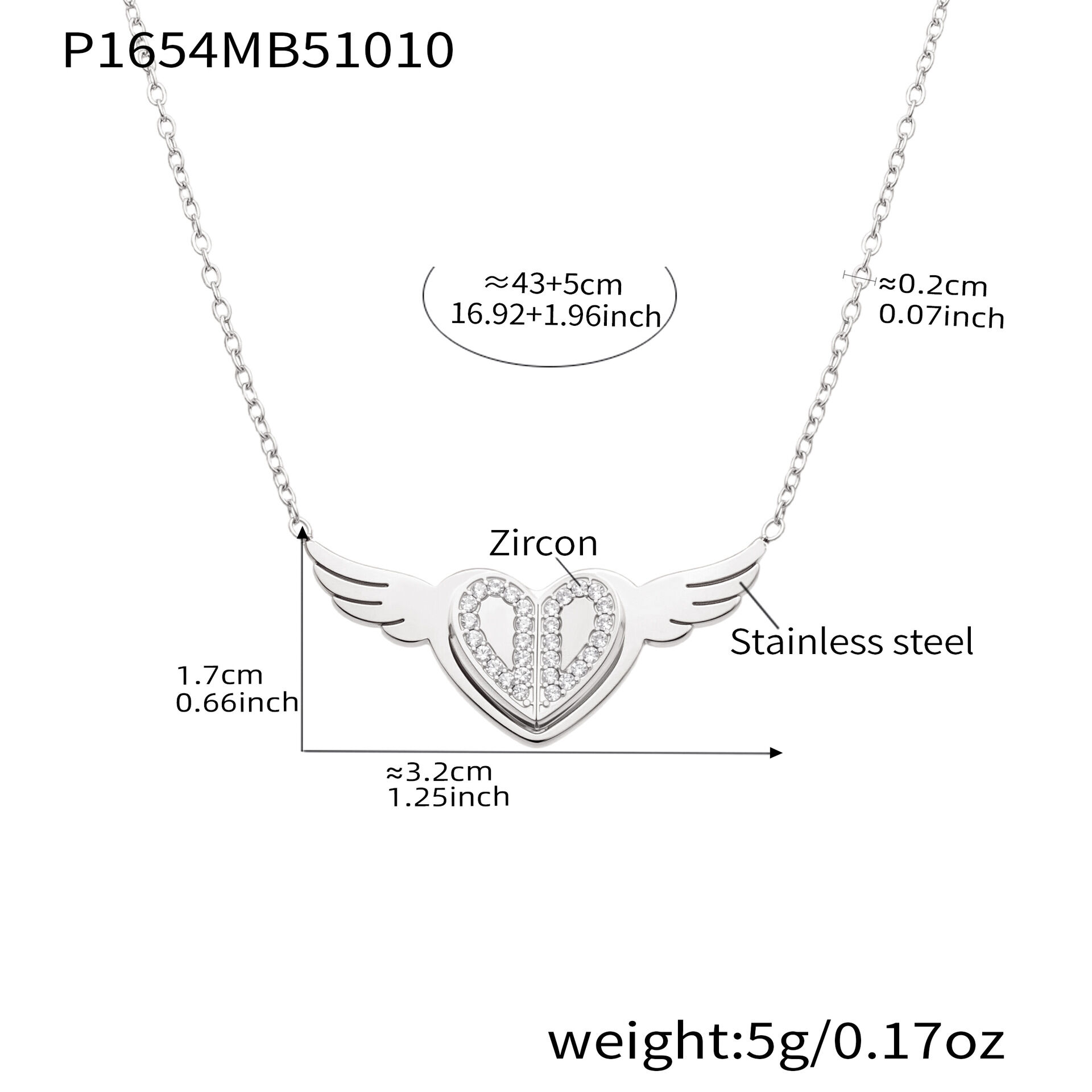 P1654-Angel Wing Heart Steel Necklace 43+5Cm Picture2