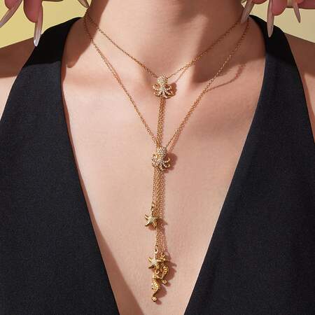 1 Piece Marine Series Stainless Steel Waterproof Gold Color Zircon Women's Pendant Necklaces