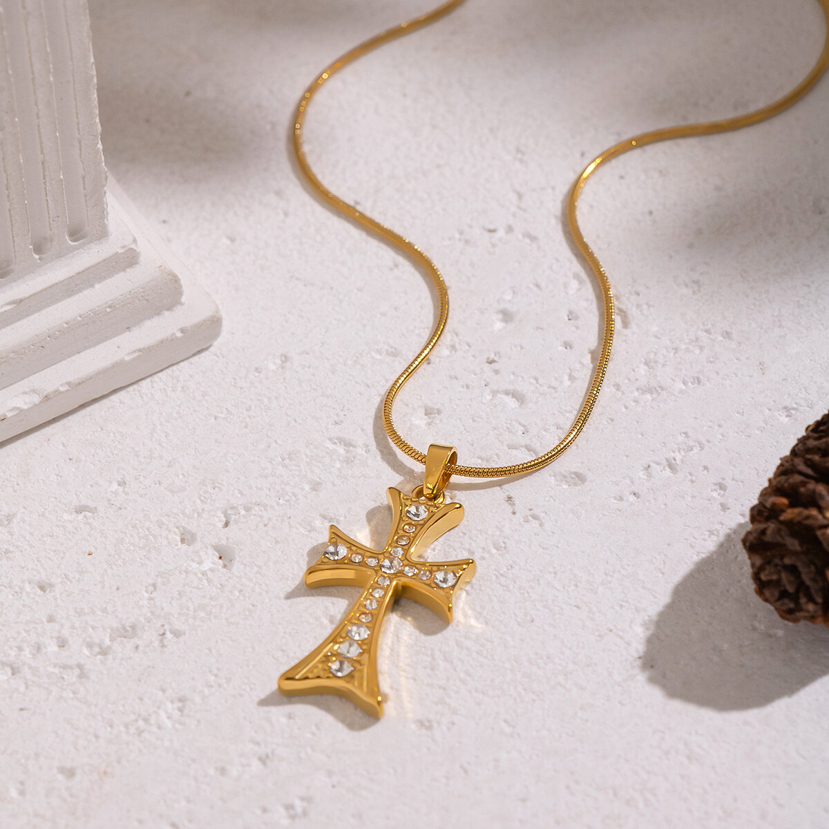 Cross Shape Stainless Steel Waterproof Gold Color Zircon Necklace Set Picture3