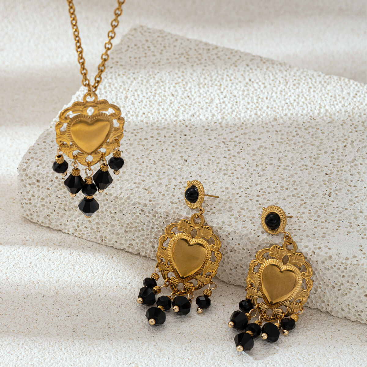 Retro Heart Stainless Steel Waterproof Gold Color Crystal Tassel Natural Stone Necklace Set h5 Picture3