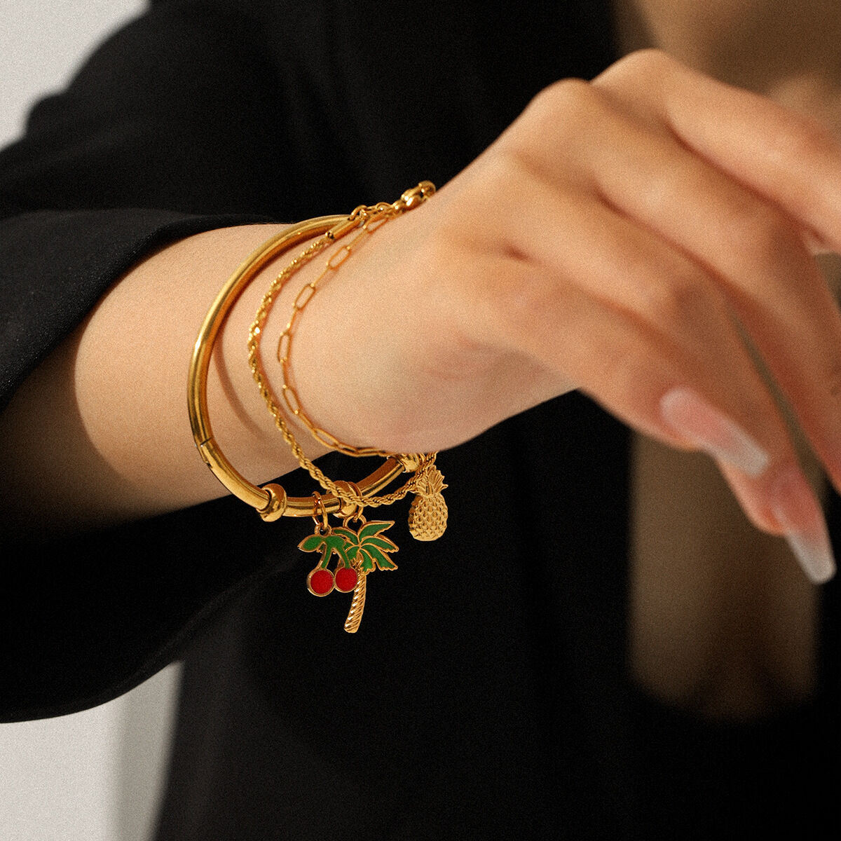 1 Piece Fruit Cherry Stainless Steel Waterproof Gold Color Bangle h5 Picture3
