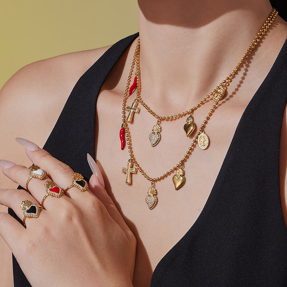 Luxurious Heart Stainless Steel Waterproof Gold Color Zircon Women's Jewelry Sets