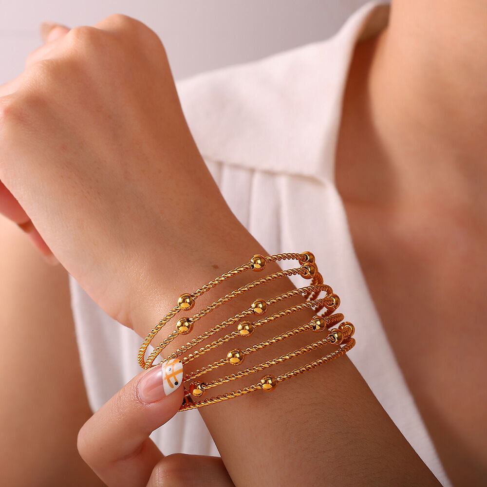 1 Stück Retro-Armband aus Edelstahl mit mehrlagigem, gedrehtem Muster, wasserdicht, goldfarben h5 Bild4