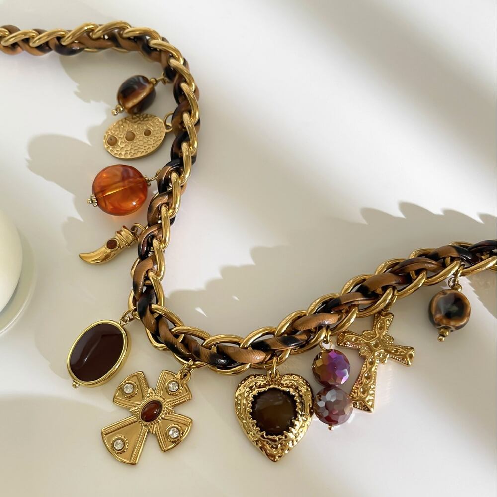 1 Piece Heart Cross Gold Color Leather Acrylic Pendant Necklace h5Picture4