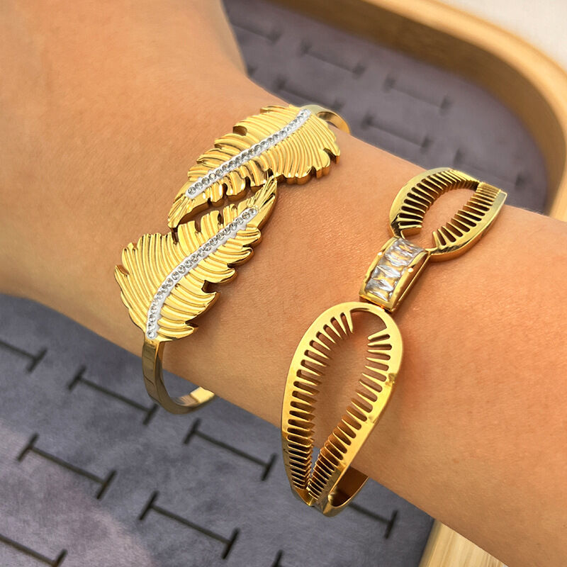 Bracelet jonc étanche en acier inoxydable doré en forme de feuille (1 pièce) 2