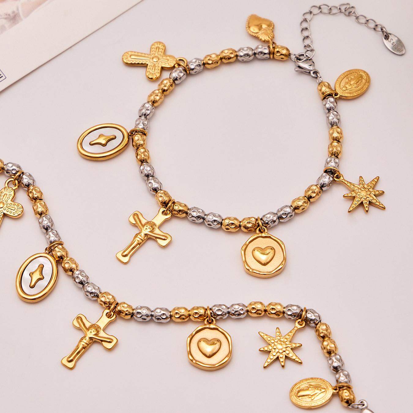 Vintage Cross Mixed Gold&Silver Colors Stainless Steel Waterproof Women's Jewelry Sets