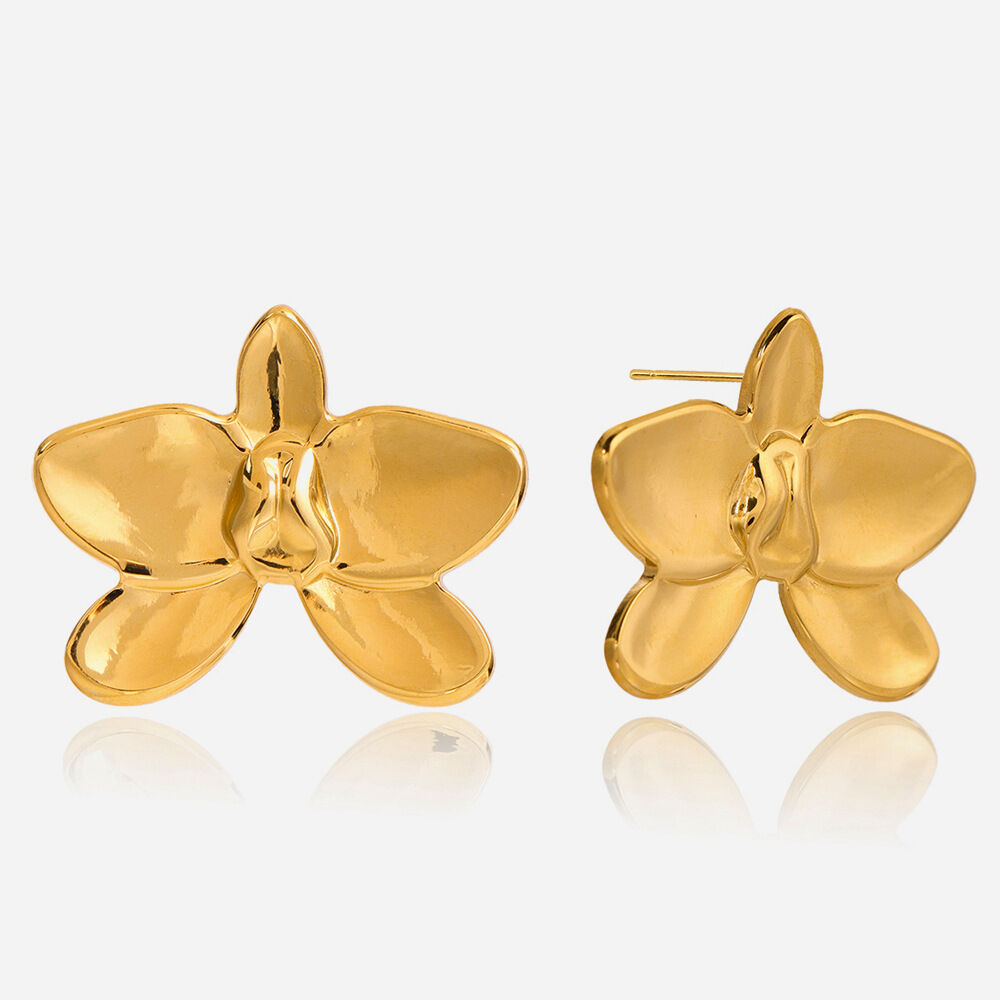 1 Pair Luxurious Phalaenopsis Stainless Steel Waterproof Gold Color Women's Stud Earrings h5 