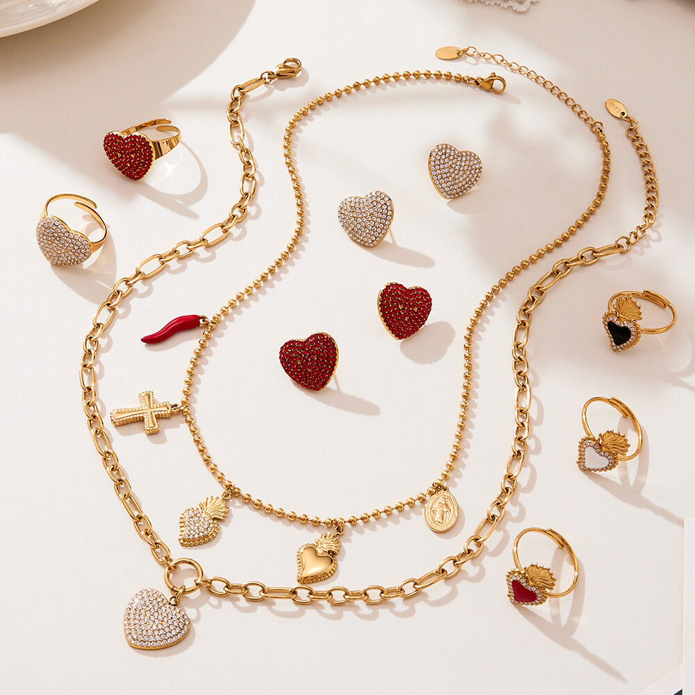 Luxurious Heart Stainless Steel Waterproof Gold Color Zircon Women's Jewelry Sets 2