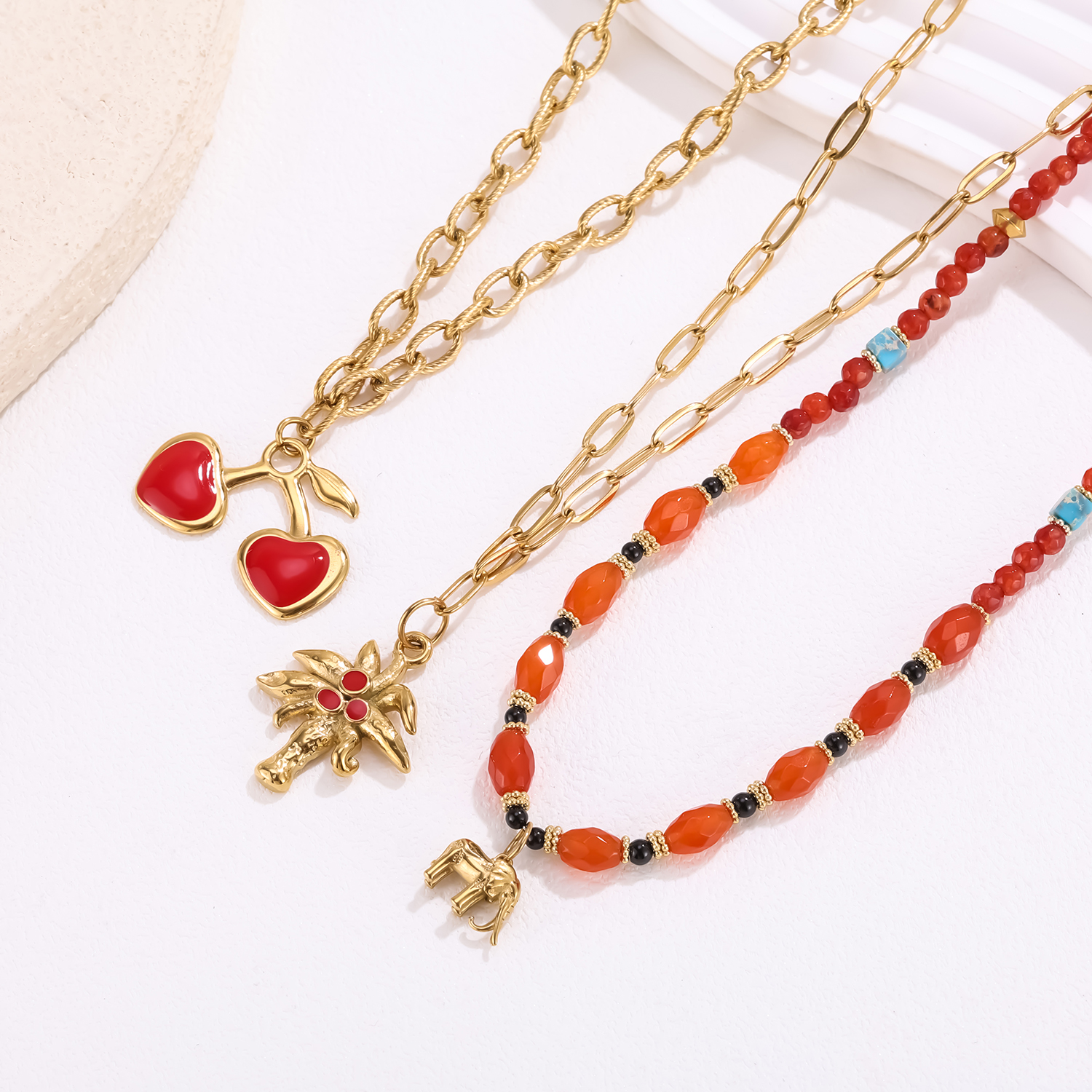 1 Piece Red Series Heart Cherry Stainless Steel Waterproof Natural Stone Women's Pendant Necklaces 2
