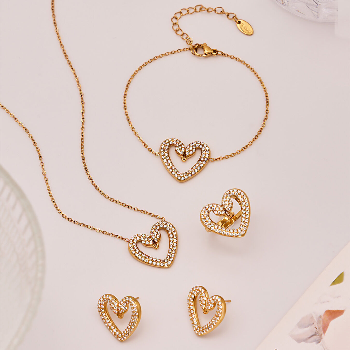Luxurious Swan Heart Stainless Steel Waterproof Gold Color Zircon Women's Jewelry Sets h5 Picture3