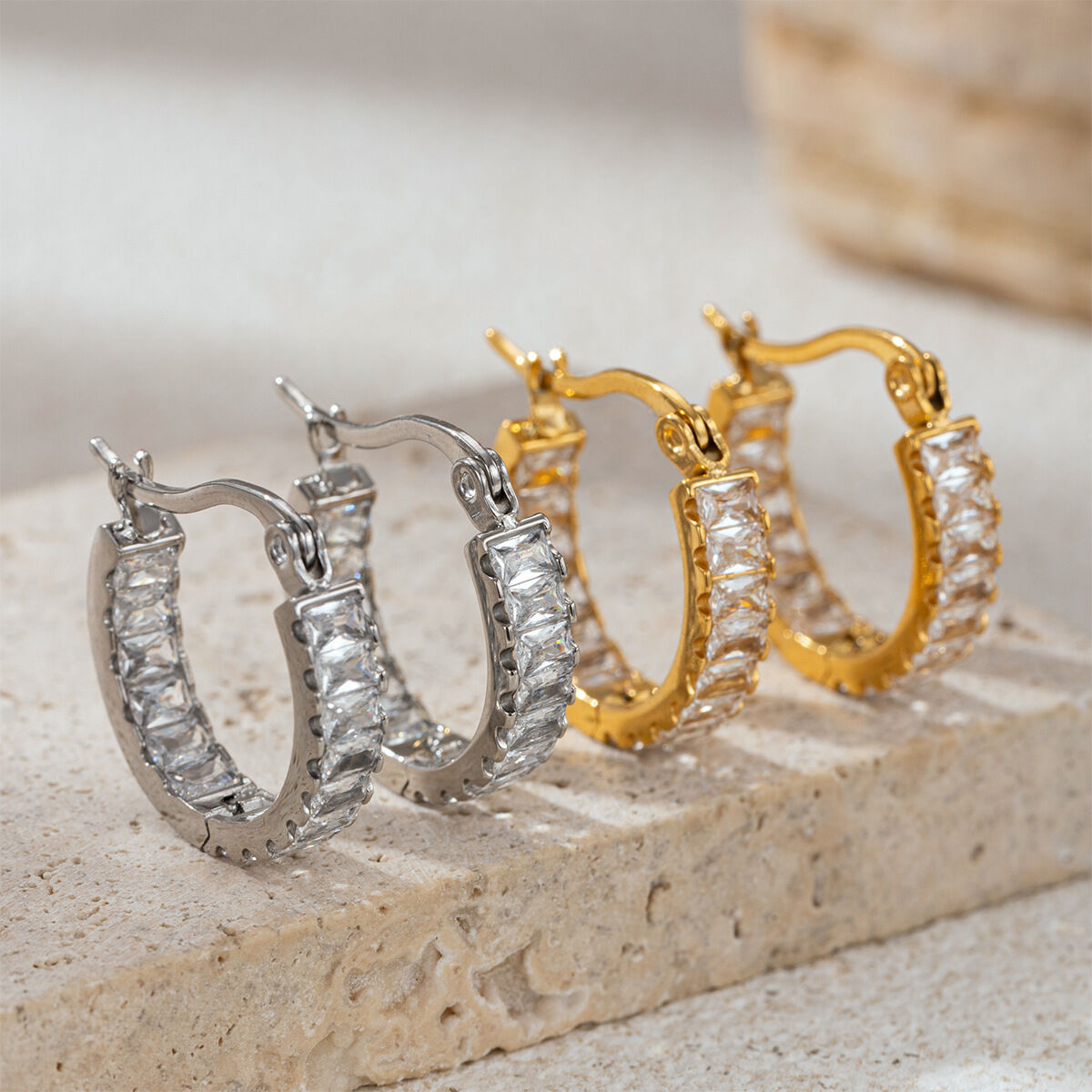 1 Pair Stainless Steel Waterproof Zircon Hoop Earrings 2