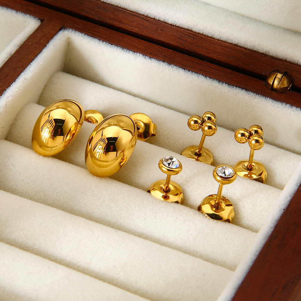 1 Set Simple Circle Stainless Steel Waterproof Gold Color Zircon Earring Set h5 Picture4