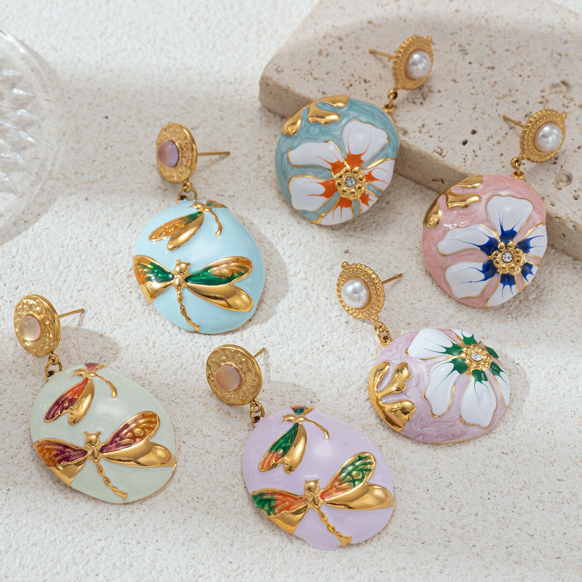 1 Pair Romantic Enamel Flower Stainless Steel Waterproof Gold Color Drop Earrings h5Picture3