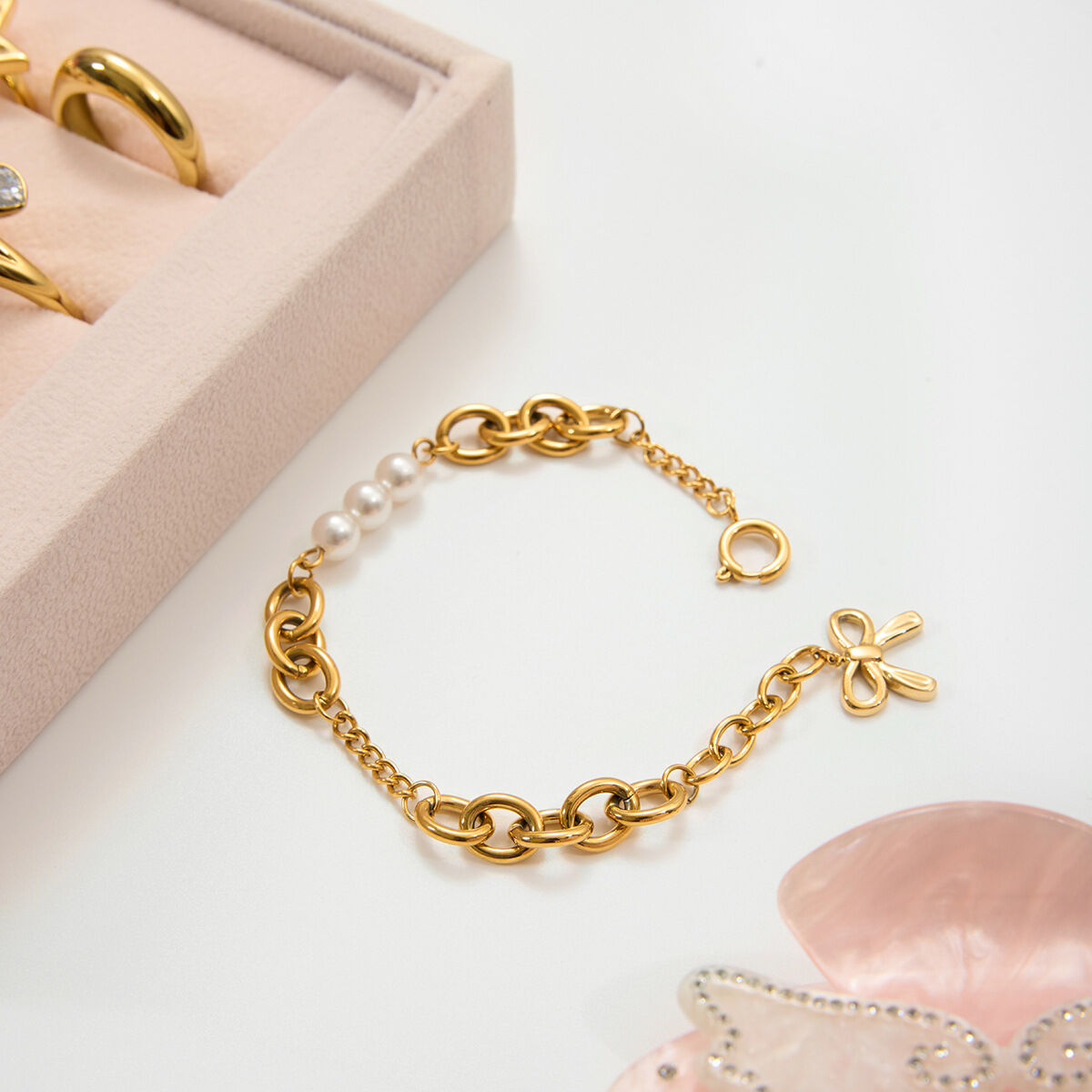1 Piece Romantic Bow Knot Stainless Steel Waterproof Gold Color Women's Charm Bracelets Picture6