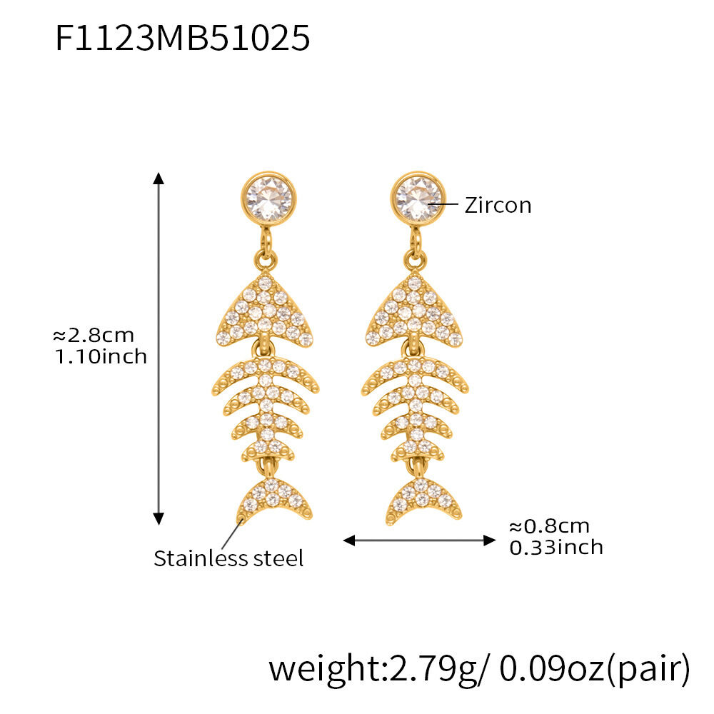 1 Pair Delicate Fishbone Stainless Steel Waterproof Gold Color Zircon Women's Drop Earrings h5 Picture2