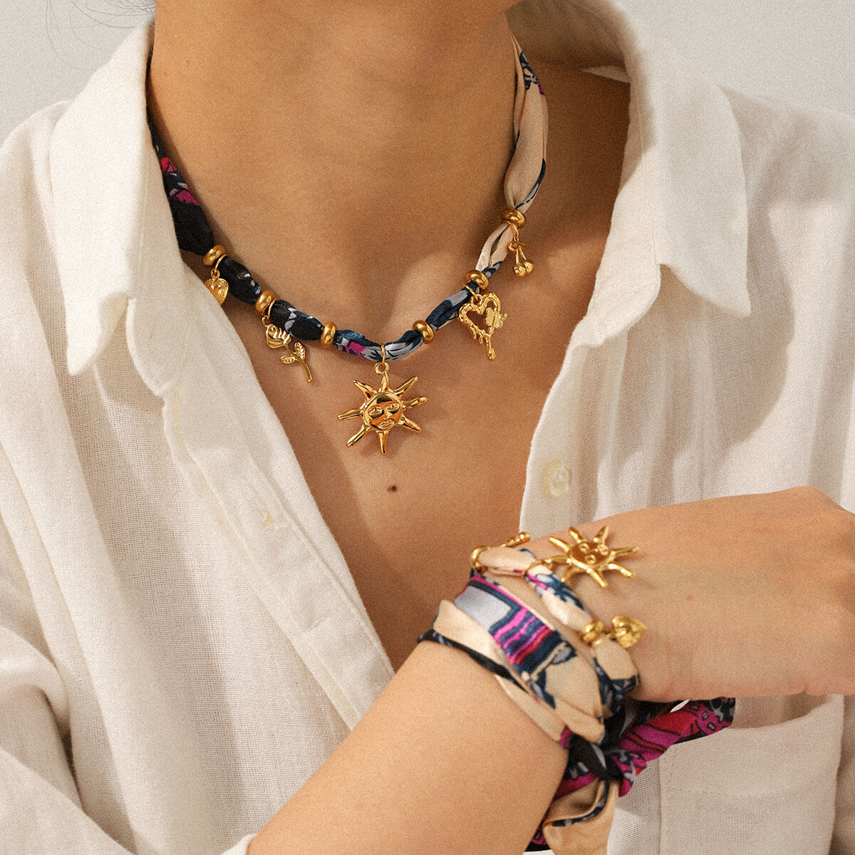 Stainless Steel Sun Gold Color Fabric Necklace Set