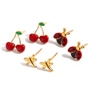 1 Set Vivid Cherry Stainless Steel Waterproof Gold Color Women's Earring Sets h5