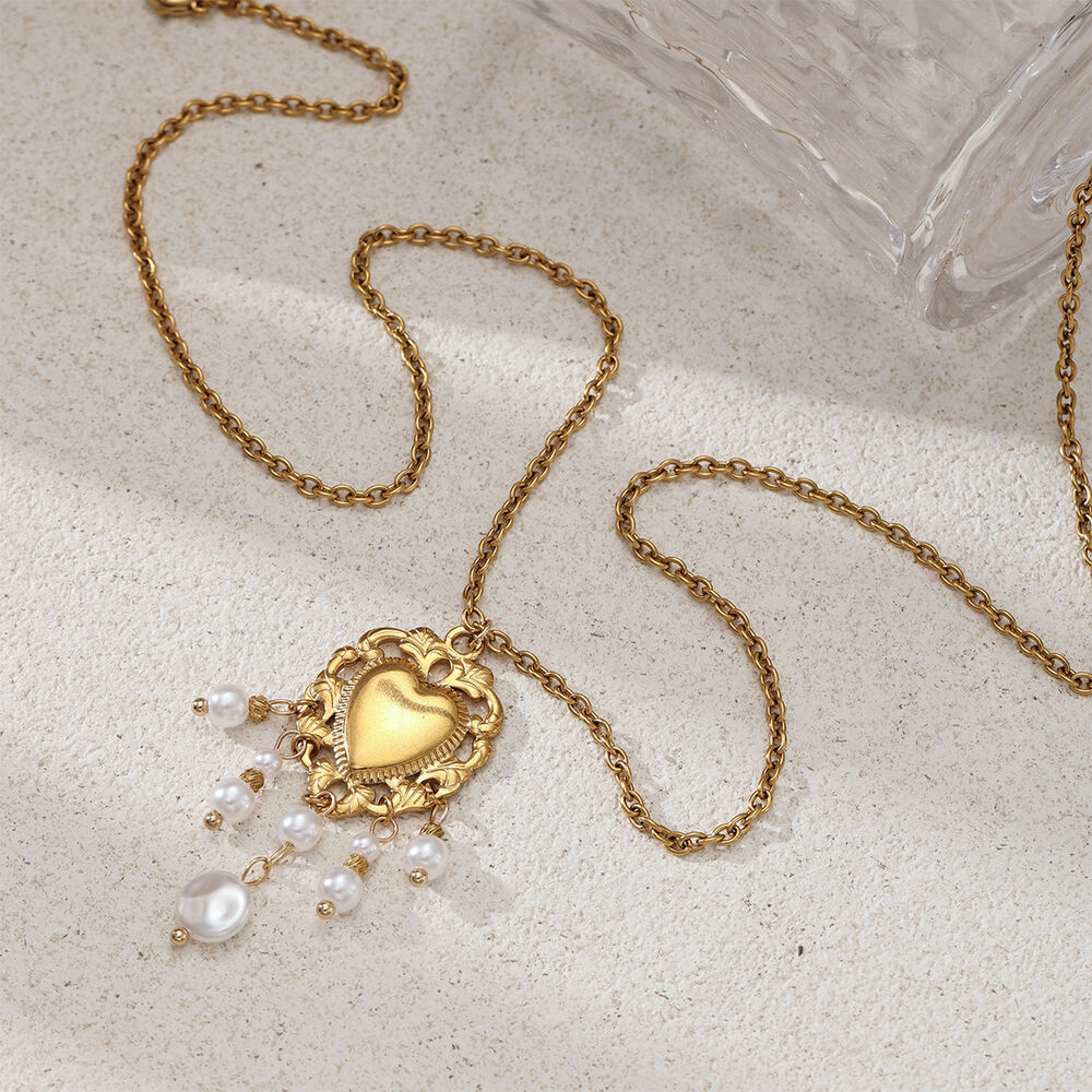 Heart Stainless Steel Waterproof Gold Color Tassel Pearl Necklaces Set Picture4
