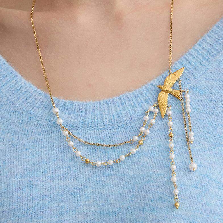 1 pezzo elegante collana con ciondolo a forma di uccelli in acciaio inossidabile impermeabile color oro da donna h5 Immagine3