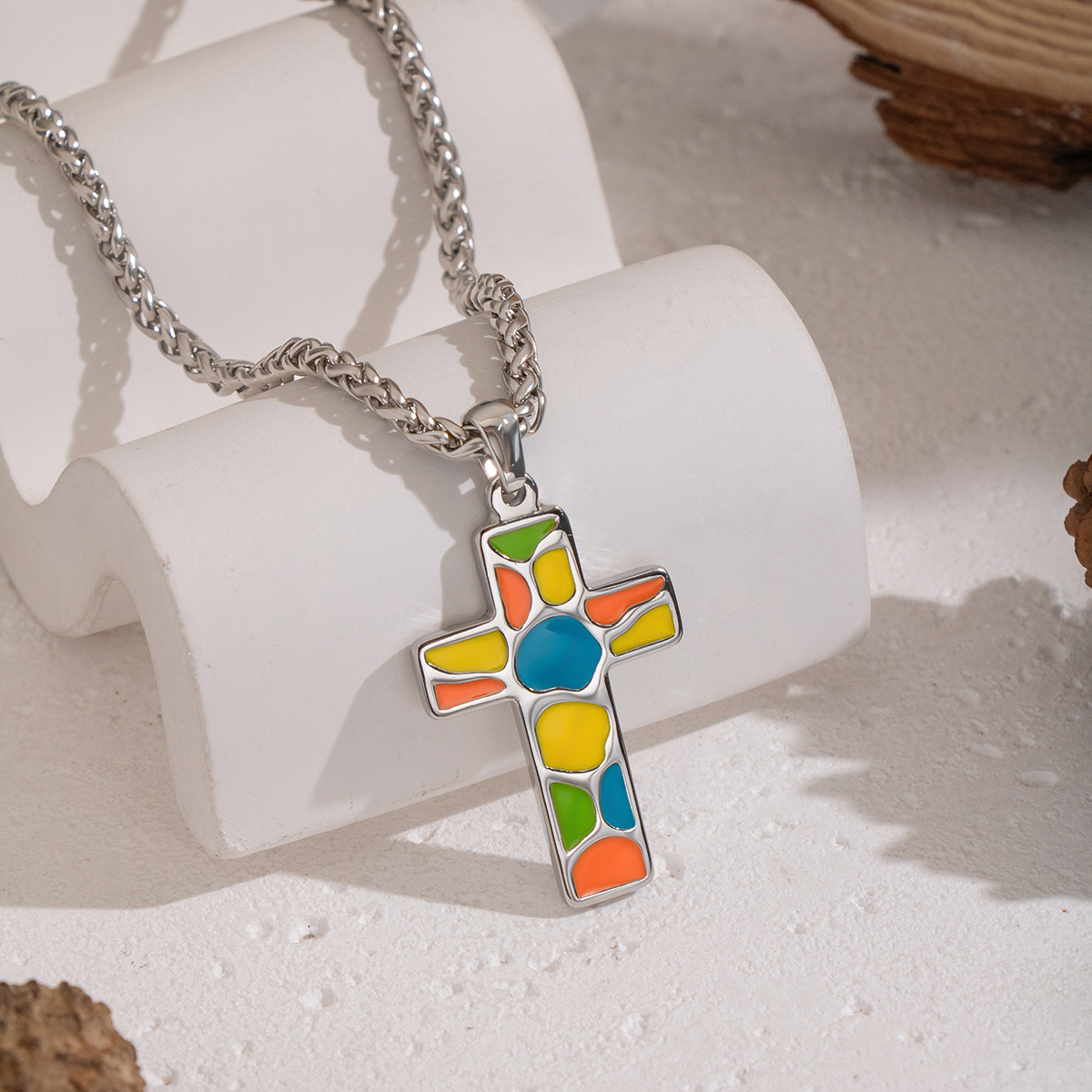 1 Piece Enamel Cross Stainless Steel Waterproof Pendant Necklace 2