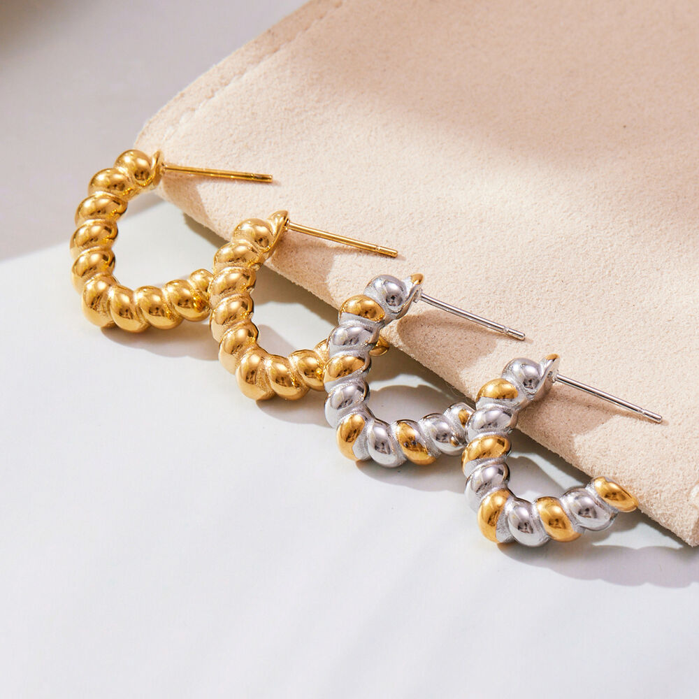 1 Pair Simple Twist Mixed Gold&Silver Colors Stainless Steel Waterproof Women's Hoop Earrings Picture3