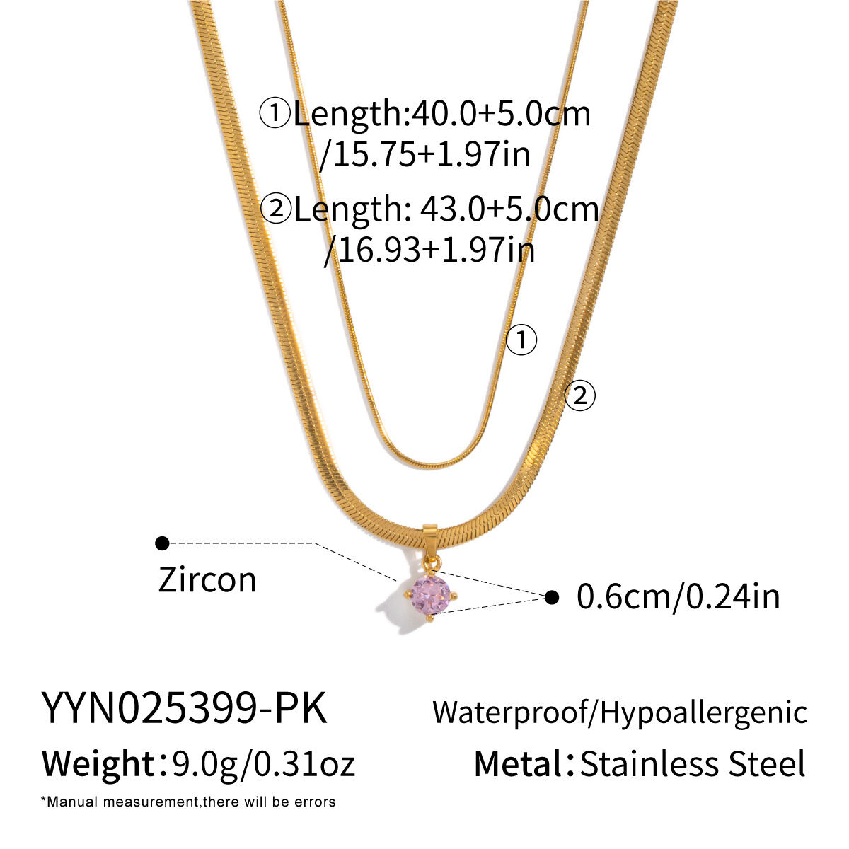 1 Piece Elegant Chain Stainless Steel Waterproof Gold Color Zircon Layered Necklace 