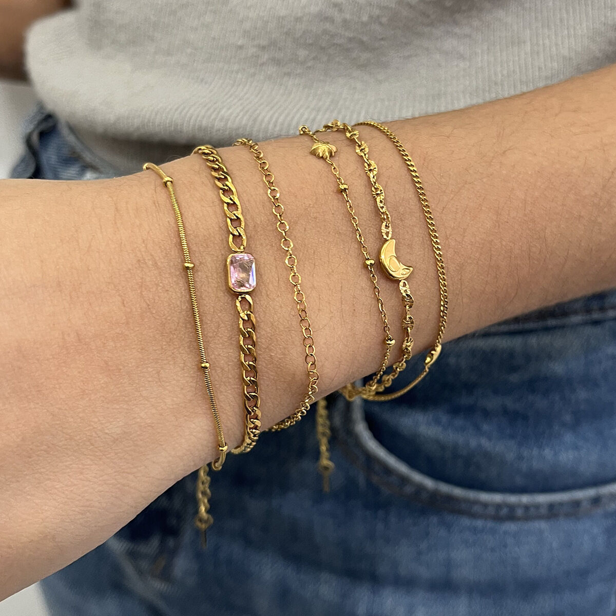 1 Piece Sophisticated Three Layers Stainless Steel Waterproof Gold Color Zircon Women's Chain Bracelets 2