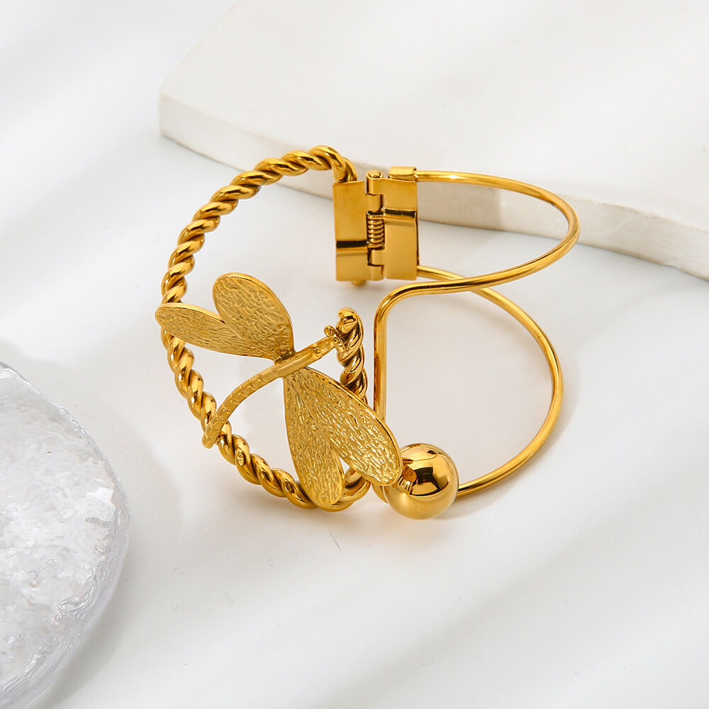 1 brazalete lujoso y elegante de acero inoxidable con forma irregular de libélula, resistente al agua, para mujer. h5 Imagen4
