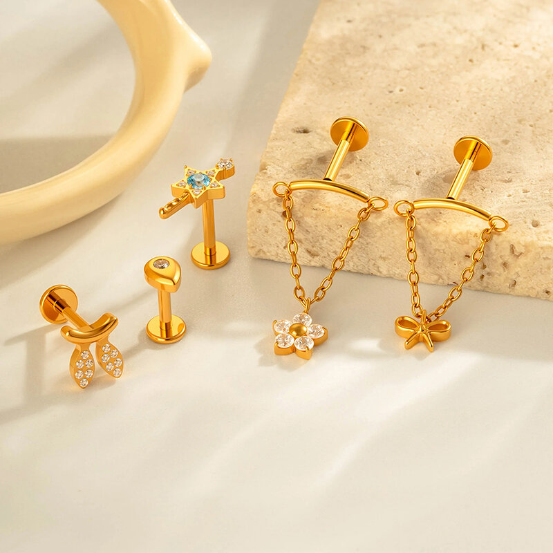 1 Piece Bow Knot Star Titanium Gold Color Zircon Women's Piercing Earrings