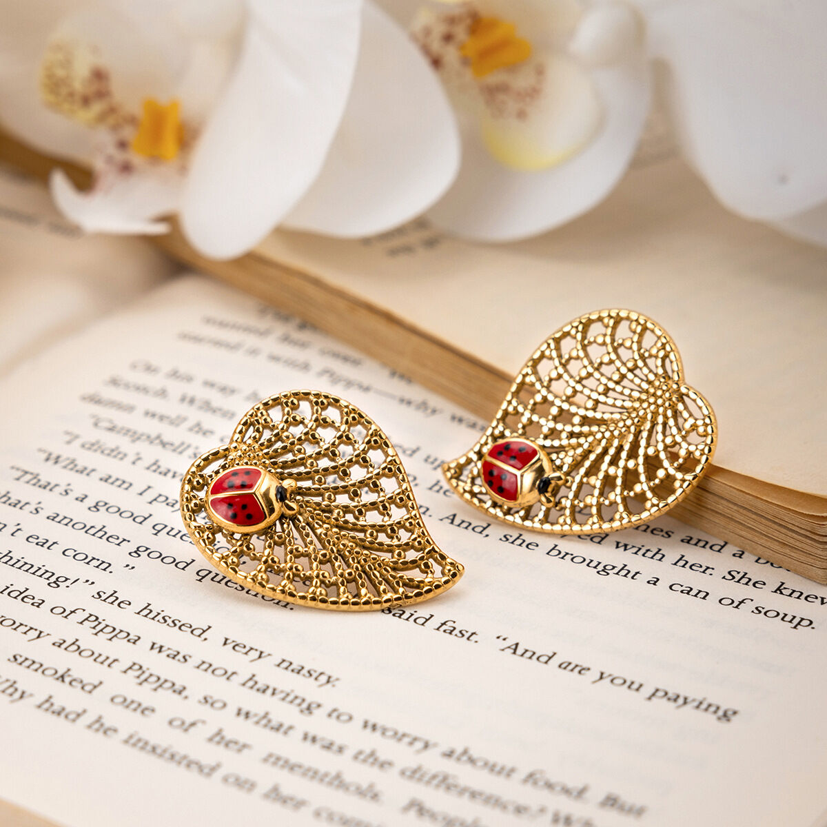 1 Pair Leaf&Beetle Stainless Steel Waterproof Gold Color Women's Stud Earrings h5 Picture5
