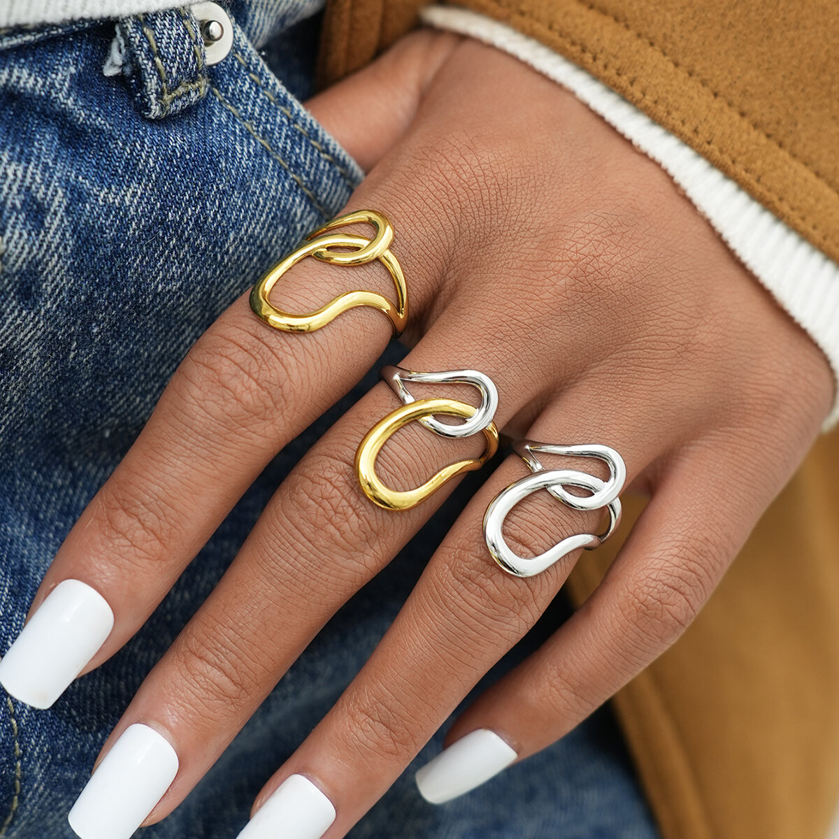 1 Piece  Retro Irregular Shape Stainless Steel Waterproof   Gold Color  Statement Rings h5 Picture4