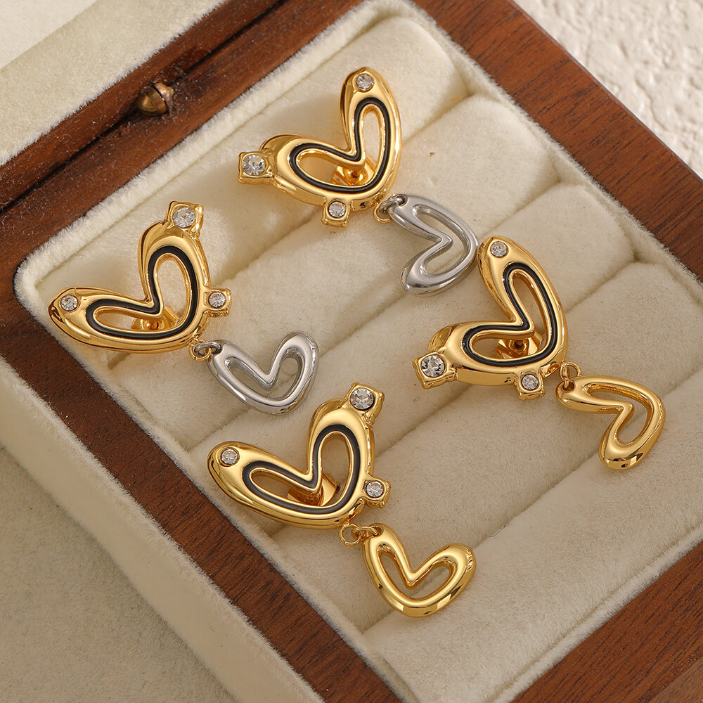 1 Pair Classic Heart Stainless Steel Waterproof Gold Color Rhinestone Drop Earrings 2